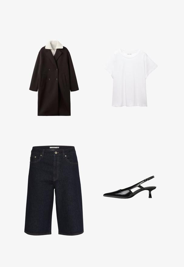 Čierny dvojradový kabát s krémovým golierom, ktorý má dve predné vrecká, strihovaný dizajn a jemnú textúru.; Biele tričko vyrobené z mäkkého, ľahkého materiálu. Má okrúhly výstrih a krátke, široké rukávy s uvoľneným strihom. Bez viditeľných vzorov.; Tmavé džínsy s krátkymi nohavicami, stredne vysokým pásom a rovnými nohavicami, s kontrastným oranžovým prešívaním. Obsahujú predné vrecká a zapínanie na gombík.; Čierne lakované kožené lodičky na podpätku s špicatou špičkou, výrezovým dizajnom na boku a malým štvorcovým podpätkom. Hladký povrch s minimálnymi akcentmi.