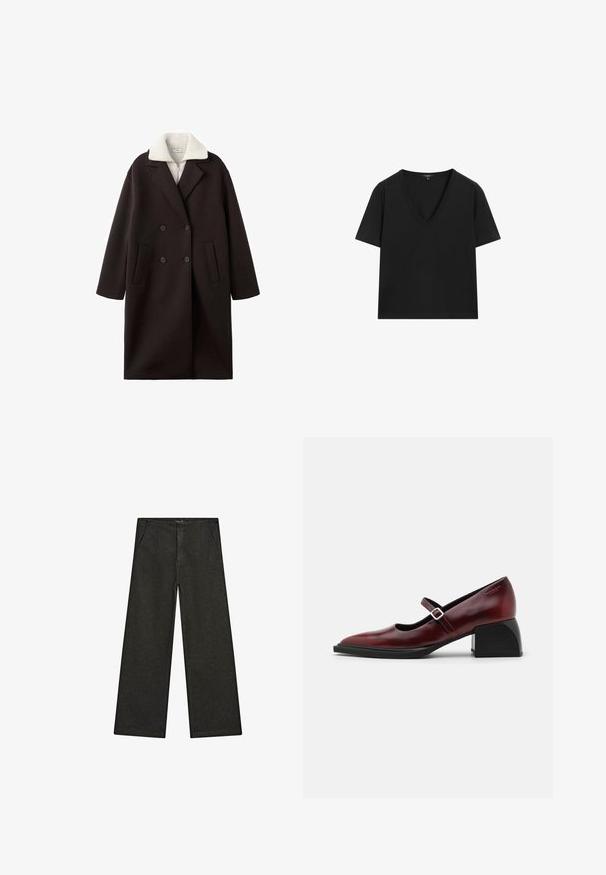 Černý dvouřadý kabát se smetanovým límcem, vybavený dvěma předními kapsami, s elegantním střihem a měkkou texturou.; Černé tričko s krátkým rukávem a výstřihem do V s jednoduchým, přiléhavým designem na bílém pozadí.; Široké černé džíny s středním pasem, dvěma předními kapsami a čistým, minimalistickým designem bez viditelných ozdob.; Burgundské kožené Mary Jane boty s špičatou špičkou, bočním zapínáním na sponu a robustním černým podpatkem. Hladký povrch s mírným leskem.