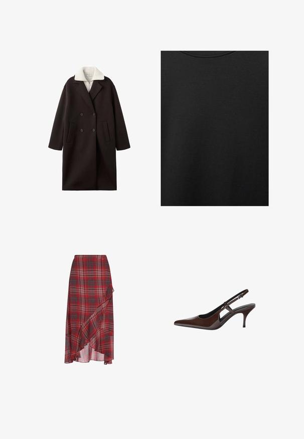 Svart dubbelknäppt kappa med krämfärgad krage, med två framfickor, skräddarsydd design och en mjuk textur.; Svart bomullstyg med slät textur och rund halsringning, med ett subtilt, jämnt kornmönster. Inga synliga logotyper eller dekorationer.; Röd rutmönstrad kjol i lättviktsmaterial med en volangkant och en asymmetrisk design. Inkluderar nyanser av grått och vitt i mönstret.; Bruna patenterade läderslingback pumps med spetsig tå, öppna utskärningar och en tunn klack. Har ett justerbart spänne.