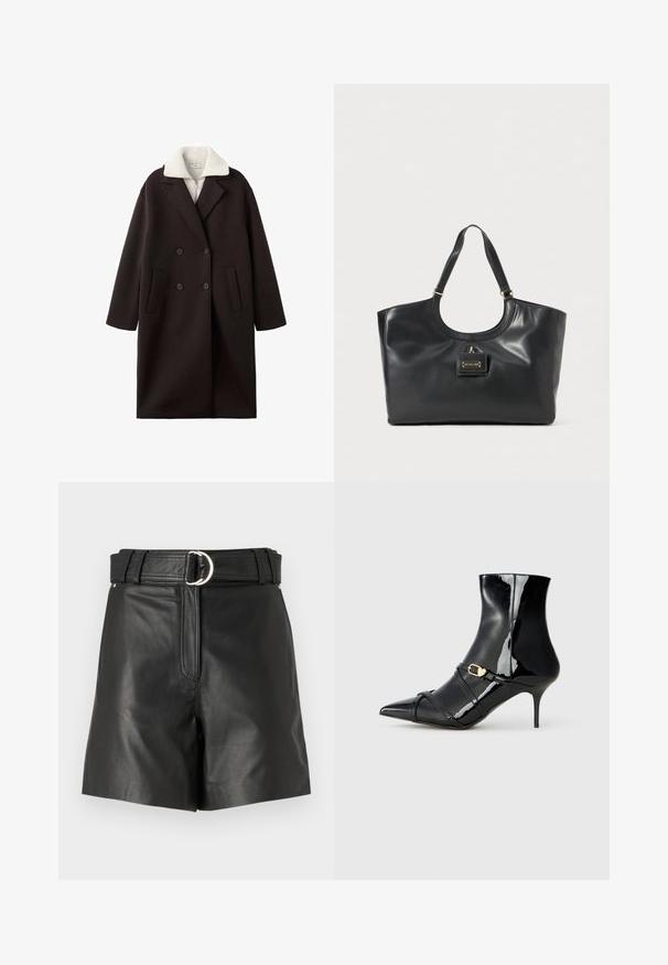Schwarzer, doppelt gereihter Mantel mit einem cremefarbenen Kragen, zwei vorderen Taschen, tailliertem Design und einer weichen Textur.; Weißes Langarmshirt mit Rippstruktur und Rundhalsausschnitt. Glatte Textur, figurbetonter Schnitt und keine sichtbaren Muster oder Akzente. Schlichter und minimalistischer Stil.; Schwarze Leder-Shorts mit einem breiten Gürtel, der eine silberne runde Schnalle hat. Glatte Textur mit schmaler Passform und einem Reißverschlussdetails vorne.; Schwarze Lackleder-Ankle Boots mit spitzem Zehenbereich, schlankem Absatz und zwei dünnen Riemen mit goldener Schnalle. Glatte, glänzende Oberfläche.; Schwarze Ledertasche mit glänzender Oberfläche, geschwungenem Oberteil, zwei Schulterriemen und einem goldfarbenen Hardware-Akzent auf der Vorderseite.