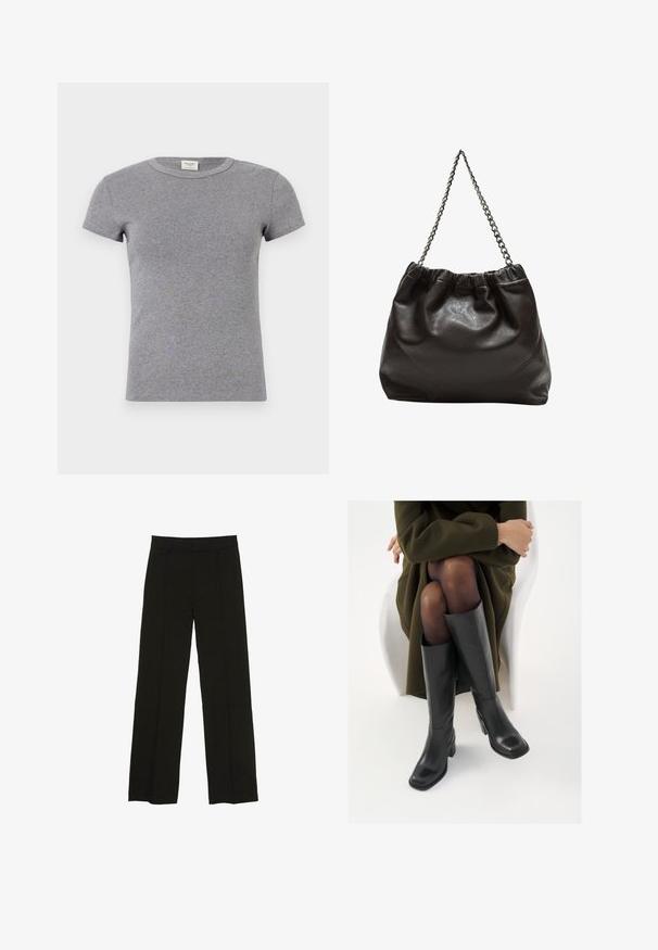 Čierny dvojradový kabát s krémovým golierom, ktorý má dve predné vrecká, strihovaný dizajn a jemnú textúru.; Šedé tričko s krátkym rukávom vyrobené z mäkkého bavlneného materiálu. Obsahuje okrúhly výstrih a priliehavý strih, vhodný na bežné nosenie.; Čierne široké nohavice vyrobené z hladkej tkaniny, so priliehavým pásom a jemnými prednými záhybmi pre zvýšenie textúry.; Čierne kožené čižmy po kolená so štvrtým prstom a blokovým opätkom, zobrazené s modelom sediacim v olivovo zelenej bunde. Hladká textúra, minimálne detaily.; Hnedá kožená taška so zberaným vrchom a reťazovým popruhom. Hladký povrch s lesklým finišom a jemným švom po stranách.