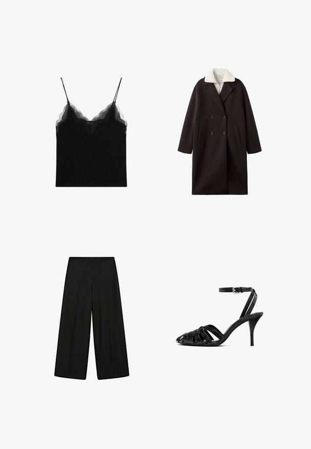 Sort dobbeltradet frakke med en cremefarvet krave, der har to forlommer, skræddersyet design og en blød tekstur.; Sort camisole med blondedetaljer, med tynde justerbare stropper. Blødt stof med en glat tekstur og en tætsiddende silhuet.; Sorte vide bukser lavet af blødt stof, med høj talje og plisseringer, der har en glat tekstur og ingen synlige dekorationer.; Sorte læder højhælede sandaler med ankelrem, der har vævede remme over tæerne, en glat finish og en spids silhuet.