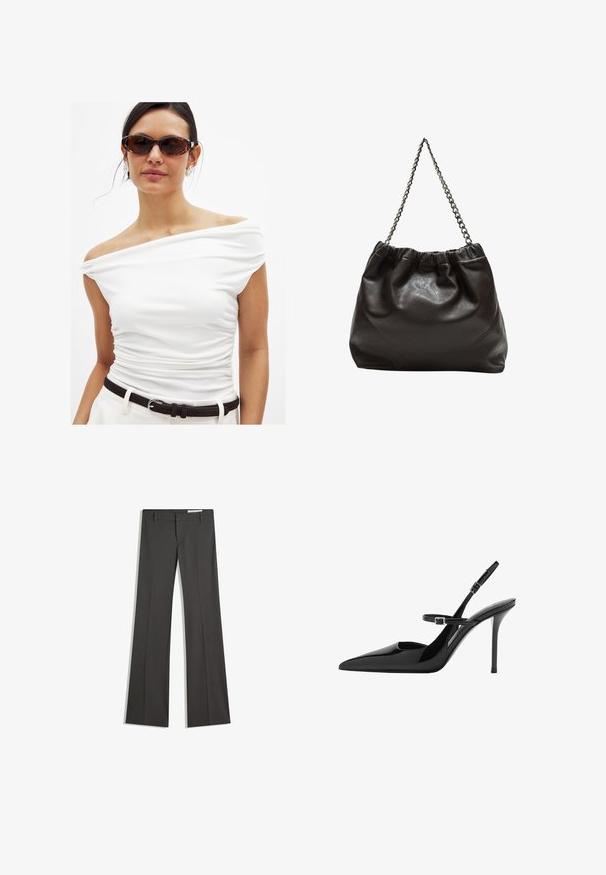Cappotto nero doppiopetto con colletto crema, dotato di due tasche frontali, design sartoriale e texture morbida.; Top bianco con spalle scoperte e dettagli arricciati, abbinato a una cintura nera. La modella indossa occhiali da sole con lente marrone e orecchini in argento. Texture liscia.; Pantaloni grigi a campana in un tessuto morbido, con vita piatta, passanti per la cintura e un design su misura con linee pulite.; Slingback in vernice nera con tacco a stiletto, punta affusolata e cinturino regolabile. Superficie liscia con finitura lucida.; Borsa in pelle marrone con parte superiore arricciata e tracolla a catena. Texture liscia con finitura lucida e dettagli di cucitura sottili sui lati.