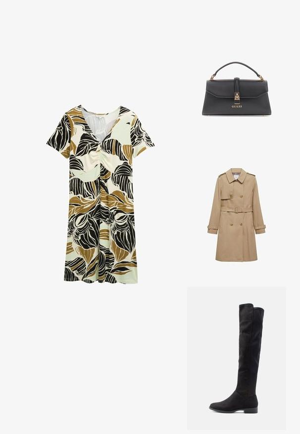 Beige trenssi takki, jossa on kaksirivinen etuosa, vyöllinen vyötärö ja olkavetimet. Ominaisuuksiin kuuluu pitkät hihat ja sivutaskut.; Lyhythihainen mekko, jossa on lehtikuvio mustassa, ruskeassa ja vihreässä sävyssä. Valmistettu kevyestä kankaasta, jossa on rypytetty etuosa.; Polvisuoriset mustat mokkasaappaat, joissa on sileä pinta, pyöreä kärki ja matala lohkokanta; minimalistinen muotoilu ilman näkyviä metalliosia.; Musta keinotekoinen nahkainen käsilaukku, jolla on rakenteellinen muoto, kultaiset varusteet, yläkahva ja etulukko, jossa on "GUESS"-logo.