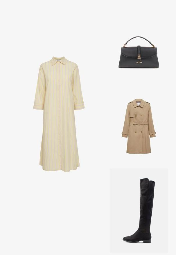 Beige trenchcoat met een dubbelzijdige voorkant, een ceintuur in de taille en schouderepauletten. Heeft lange mouwen en zijzakken.; Gestreepte jurk in lichtgeel met roze verticale strepen. Bevat een knopenrij aan de voorzijde, een kraag en driekwartmouwen. Soepele textuur van de stof.; Kniehoge zwarte suède laarzen met een gladde textuur, ronde neus en een lage blokhak; minimalistisch ontwerp zonder zichtbare hardware.; Zwarte nepleren handtas met een gestructureerde vorm, gouden hardware, een handvat bovenaan en een voorste sluiting met een "GUESS" logo.