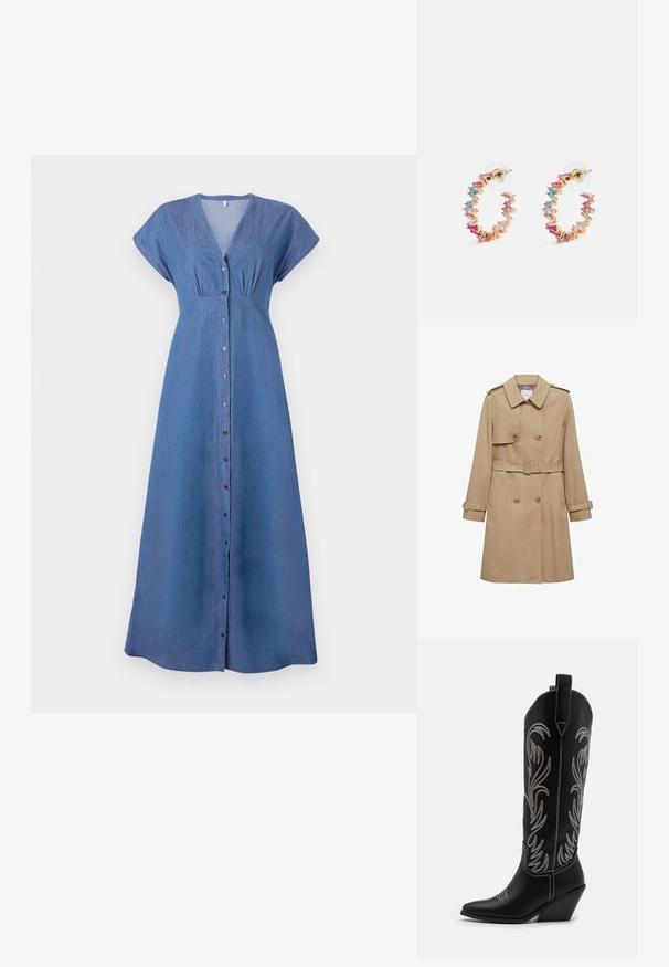 Beżowy płaszcz trench z podwójnym zapięciem, paskiem w talii i naramiennikami. Posiada długie rękawy i boczne kieszenie.; Niebieska sukienka dżinsowa z krótkimi rękawami, dekoltem w kształcie litery V oraz z przodu zapinaną na guziki. Posiada marszczone detale pod biustem oraz prostą, długą sylwetkę.; Czarne skórzane kowbojskie buty z wydłużonymi noskami, obcasem typu koturn oraz srebrnymi haftowanymi wzorami kwiatowymi wzdłuż cholewy. Kontrastowe szwy na całej długości.; Złote kolczyki w kształcie kół ozdobione wielokolorowymi kryształkami w odcieniach różu, niebieskiego i przezroczystego. Posiadają bezpieczne zapięcie oraz misterny wzór.