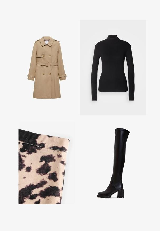 Beige trench coat with a double-breasted front, belted waist, and shoulder epaulets. Features long sleeves and side pockets.; Black turtleneck sweater made of lightweight knit fabric. Features long sleeves, a fitted design, and a soft ribbed texture.; Beige fabric with black cow print pattern, featuring ribbed texture and simple seam detailing. No visible hardware or accents.; Black, knee-high, leather boots with a chunky heel, smooth texture, and a rounded toe; features visible stitch details on the upper.