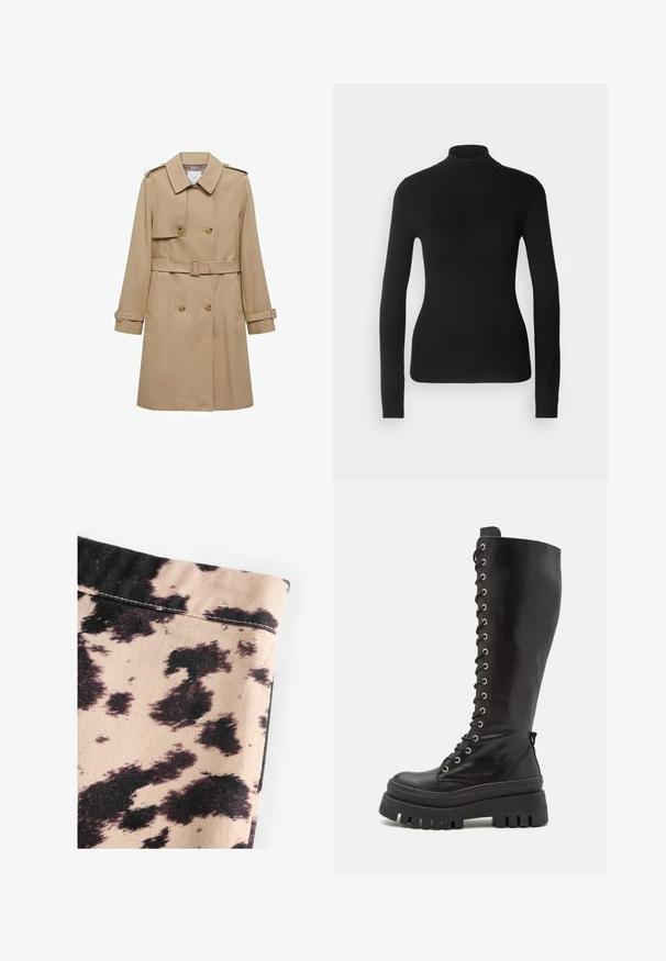 Beige trench coat med dobbeltradet front, bælte i taljen og skulderepauletter. Har lange ærmer og sidelommer.; Sort turtleneck sweater lavet af let strikket stof. Har lange ærmer, et tætsiddende design og en blød ribbet tekstur.; Beige stof med sort kvægprint mønster, der har ribbet tekstur og enkle syninger. Ingen synlig hardware eller detaljer.; Steve Madden CARINA - Plateaustøvler - black