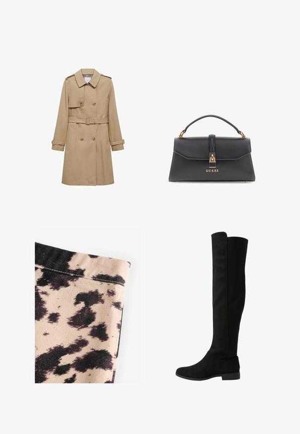 Trench coat beige con frontale doppiopetto, vita con cintura e spalline. Presenta maniche lunghe e tasche laterali.; Pullover a collo alto nero realizzato in tessuto a maglia leggero. Presenta maniche lunghe, un design aderente e una morbida texture a costine.; Tessuto beige con motivo a macchie di mucca nere, caratterizzato da una texture a coste e semplice dettagli di cucitura. Nessuna ferramenta o accenti visibili.; Stivali neri al ginocchio con una combinazione di materiali neri lisci e testurizzati. Presentano una suola piatta e un design semplice senza decorazioni.; Borsa a tracolla nera in similpelle con una forma strutturata, hardware dorato, manico superiore e una chiusura frontale con il logo "GUESS".