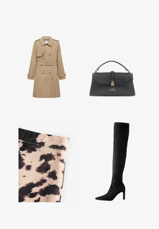 Beige trenchcoat med dubbelknäppt front, bälte vid midjan och axelklaffar. Har långa ärmar och sidofickor.; Svart polotröja i lättstickat tyg. Har långa ärmar, en figurnära design och en mjuk ribbad textur.; Beige tyg med svart ko-mönster, med ribbad textur och enkel sömdetaljering. Ingen synlig hårdvara eller accenter.; Knähöga svarta mockastövletter med spetsig tå och slät yta, med smal hög klack och sömlös design.; Svart handväska i konstläder med en strukturerad form, guldfärgade detaljer, ett handtag upptill och ett lås på framsidan med "GUESS"-logotyp.