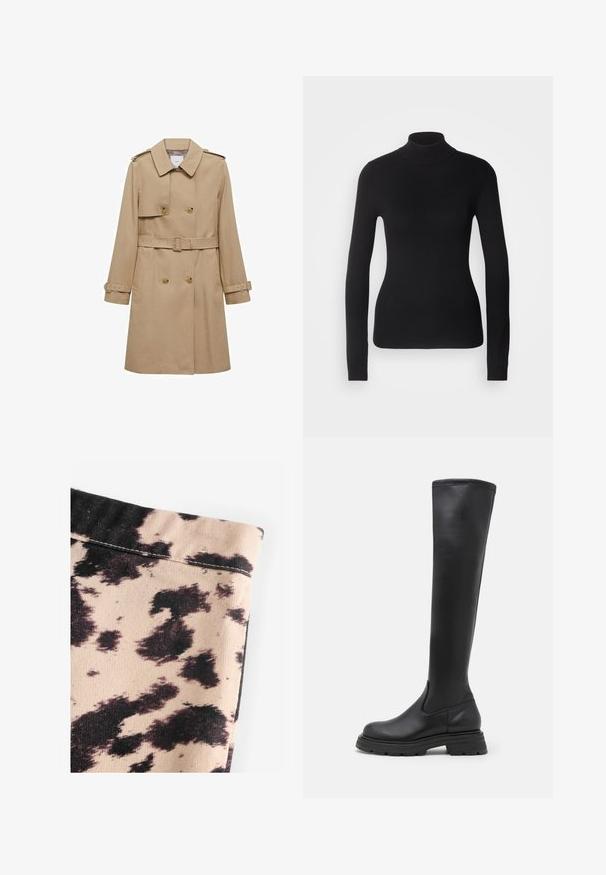 Beige trench coat med dobbeltradet front, bælte i taljen og skulderepauletter. Har lange ærmer og sidelommer.; Sort turtleneck sweater lavet af let strikket stof. Har lange ærmer, et tætsiddende design og en blød ribbet tekstur.; Beige stof med sort kvægprint mønster, der har ribbet tekstur og enkle syninger. Ingen synlig hardware eller detaljer.; Sorte knæhøje støvler lavet af glat læder, med en chunky sål og et strømlinet design uden synlig hardware eller udsmykning.