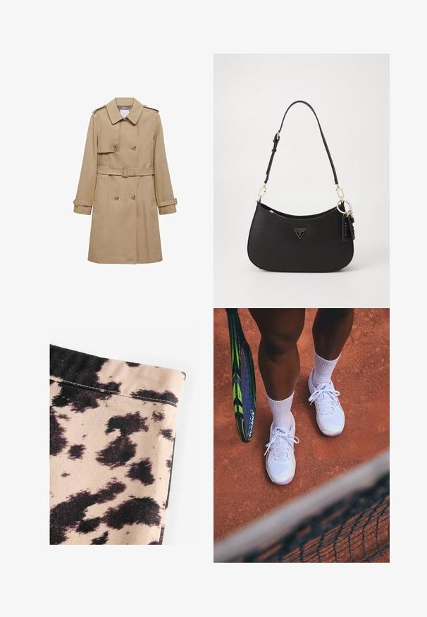 Beige trenchcoat met een dubbelzijdige voorkant, een ceintuur in de taille en schouderepauletten. Heeft lange mouwen en zijzakken.; Zwarte coltrui gemaakt van lichte brei stof. Heeft lange mouwen, een aansluitend design en een zachte ribbeltextuur.; Beige stof met zwart koeienprintpatroon, voorzien van ribbeltextuur en eenvoudige naadafwerking. Geen zichtbare hardware of accenten.; Witte tennischoenen met mesh-panelen en roze accenten, gecombineerd met witte sokken, gepositioneerd op een kleibaan met een tennisracket in de buurt.; Zwarte synthetische handtas met een gebogen vorm, gouden hardware en een driehoekig logo. Voorzien van een ritssluiting en een verstelbare schouderriem.