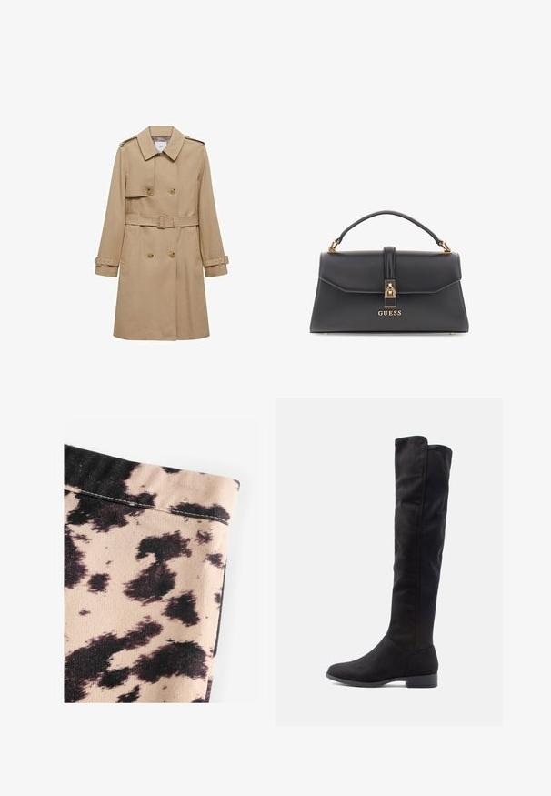 Beżowy płaszcz trench z podwójnym zapięciem, paskiem w talii i naramiennikami. Posiada długie rękawy i boczne kieszenie.; Czarny sweter z golfem wykonany z lekkiej dzianiny. Posiada długie rękawy, dopasowany krój oraz miękką ribbowaną strukturę.; Beżowa tkanina w czarny wzór w krowie cętki, z żebrowaną teksturą i prostym przeszyciem. Brak widocznych elementów metalowych ani akcentów.; Czarne zamszowe botki sięgające do kolan o gładkiej fakturze, zaokrąglonym nosku i niskim słupku; minimalistyczny design bez widocznych elementów metalowych.; Czarna torebka z ekoskóry o strukturalnym kształcie, z złotymi elementami, górnym uchwytem oraz zapięciem z przodu z logo "GUESS".