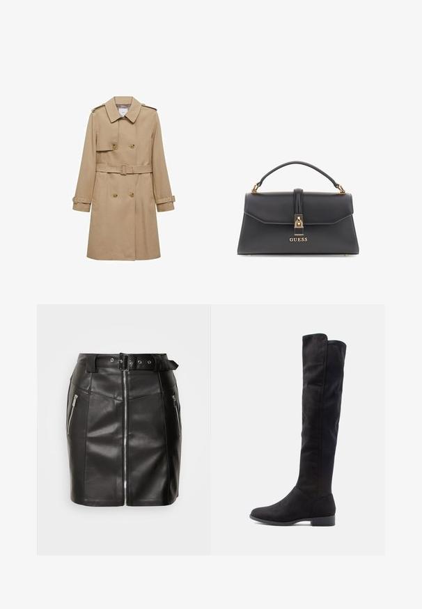 Beige trenssi takki, jossa on kaksirivinen etuosa, vyöllinen vyötärö ja olkavetimet. Ominaisuuksiin kuuluu pitkät hihat ja sivutaskut.; Musta poolapainen neuletakki, joka on valmistettu kevyestä neulekankaasta. Siinä on pitkät hihat, istuva muotoilu ja pehmeä ribsikuvio.; Musta nahkainen mini-hame, jossa on tiukka muotoilu. Sivussa on vetoketju, kaksi taskua ja soljellinen vyö. Sileä pinta.; Polvisuoriset mustat mokkasaappaat, joissa on sileä pinta, pyöreä kärki ja matala lohkokanta; minimalistinen muotoilu ilman näkyviä metalliosia.; Musta keinotekoinen nahkainen käsilaukku, jolla on rakenteellinen muoto, kultaiset varusteet, yläkahva ja etulukko, jossa on "GUESS"-logo.
