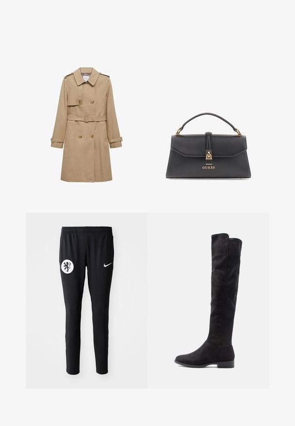 Beige Trenchcoat mit doppeltknöpfbarer Vorderseite, tailliertem Gürtel und Schulterklappen. Verfügt über lange Ärmel und Seitentaschen.; Schwarzer Rollkragenpullover aus leichtem Strickgewebe. Mit langen Ärmeln, taillierter Passform und weichem Ripptextil.; Schwarze Sporthosen mit einem weißen Löwenemblem am linken Oberschenkel und einem weißen Nike-Logo an der rechten Seite. Hergestellt aus glattem, dehnbarem Stoff.; Knielange schwarze Wildlederstiefel mit glatter Textur, runder Zehenpartie und niedrigem Blockabsatz; minimalistisches Design ohne sichtbare Beschläge.; Schwarze Taschen aus Kunstleder mit strukturiertem Design, goldenen Beschlägen, einem oberen Griff und einem Frontverschluss mit einem "GUESS"-Logo.