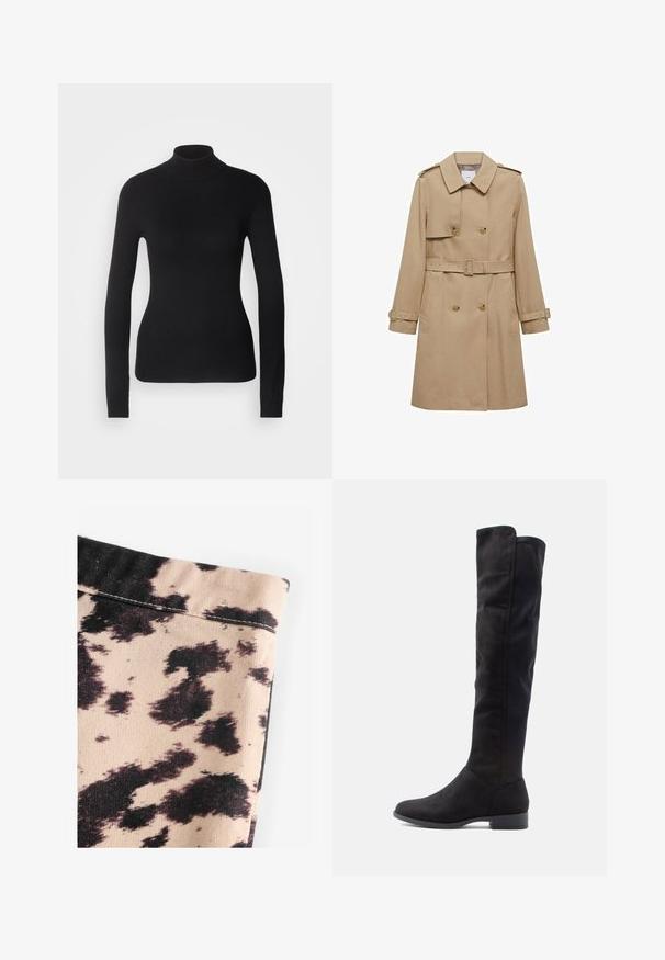 Beżowy płaszcz trench z podwójnym zapięciem, paskiem w talii i naramiennikami. Posiada długie rękawy i boczne kieszenie.; Czarny sweter z golfem wykonany z lekkiej dzianiny. Posiada długie rękawy, dopasowany krój oraz miękką ribbowaną strukturę.; Beżowa tkanina w czarny wzór w krowie cętki, z żebrowaną teksturą i prostym przeszyciem. Brak widocznych elementów metalowych ani akcentów.; Czarne zamszowe botki sięgające do kolan o gładkiej fakturze, zaokrąglonym nosku i niskim słupku; minimalistyczny design bez widocznych elementów metalowych.
