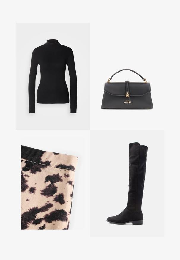 Bež trench plašč z dvojnim zapenjanjem spredaj, pasom s pasom in epauletami na ramenih. Ima dolge rokave in stranske žepe.; Črn pulover s turtleneck ovratnikom, izdelan iz lahkega pletenega materiala. Ima dolge rokave, oblikovan kroj in mehak rebrast teksturiran izgled.; Bežna tkanina z vzorcem črne krave, z rebrasto teksturo in preprostimi šivi. Brez vidne opreme ali dodatkov.; Črne semiš škornje do kolen z gladko teksturo, zaobljenim nosom in nizkim blokastim peto; minimalistična zasnova brez vidnih kovinskih delov.; Črna torbica iz umetnega usnja z strukturirano obliko, zlatim okovjem, zgornjim ročajem in sprednjim sponko, ki nosi logotip "GUESS".