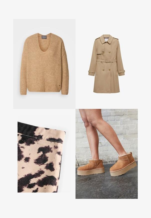 Cuaie bej cu un front cu dublă deschidere, talie în centru cu curea și epauleți pe umeri. Are mâneci lungi și buzunare laterale.; Pulover tricotat bej, cu decolteu larg în V și umeri căzuți. Are o textură moale și un mic detaliu cu logo în colțul stânga jos.; Țesătură bej cu model de imprimeu de vacă negru, având o textură canelată și detalii de cusătură simple. Fără accesorii sau hardware vizibile.; Botine din suede maro, cu căptușeală moale, talpă platformă groasă de culoare bej și sistem de prindere în partea din spate. Suprafață texturată cu detalii de cusătură vizibile.