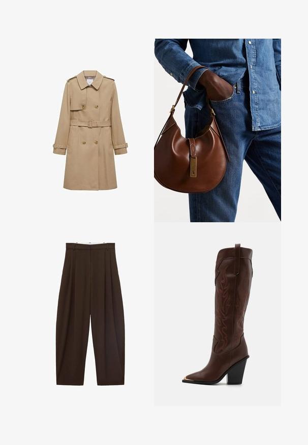 Bežový trenčkot s dvojradovým zapínaním, opaskom v páse a ramennými vycpávkami. Má dlhé rukávy a bočné vrecká.; Biela blúzka s dlhým rukávom a klasickým golierom, so zapínaním na gombíky vpredu a detailom so zberaním na boku. Hladká tkanina s prispôsobeným strihom.; Hnedé nohavice s vysokým pásom a skladaním, vyrobené z hladkej tkaniny. Voľný strih, rovný strih nohavíc, s pútkami na opasok a so zipsom.; RAID RIMSKY - Topánky na vysokom opätku - brown; Hnedá kožená hobo taška s okrúhlym tvarom, so zlatými kovovými akcentmi a kontrastným prešívaním. V kombinácii s džínsovou košeľou a džínsami.