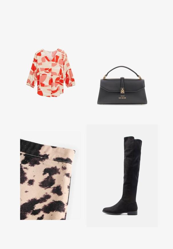 Bež trench kaput s dvostrukim kopčanjem sprijeda, remenom u struku i ramenskim epauletama. Ima duge rukave i bočne džepove.; Bluzica s apstraktnim uzorkom u crvenoj i breskvastoj boji, s V-izrezom, rukavima do tri četvrtine i detaljima s gumbima, napravljena od lagane tkanine.; Bežna tkanina s uzorkom krave u crnoj boji, sa rebrastom teksturom i jednostavnim detaljima šavova. Bez vidljive opreme ili naglasaka.; Čizme do koljena od crnog suštastva s glatkom teksturom, zaobljenim vrhom i niskim blok petom; minimalistički dizajn bez vidljivih hardverskih elemenata.; Crna torba od umjetne kože sa strukturiranim oblikom, zlatnim hardverom, gornjom ručkom i prednjim kopčanjem s logotipom "GUESS".