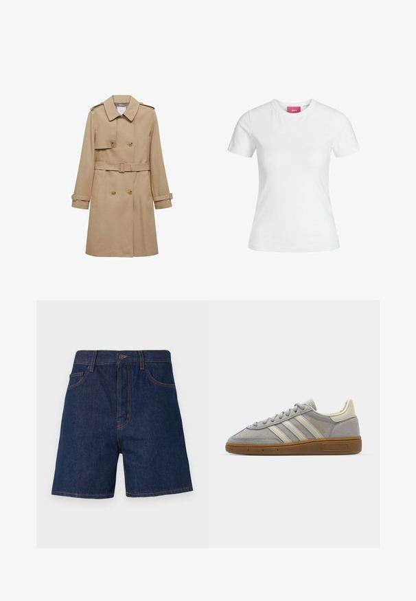 Beige trenssi takki, jossa on kaksirivinen etuosa, vyöllinen vyötärö ja olkavetimet. Ominaisuuksiin kuuluu pitkät hihat ja sivutaskut.; Valkoinen puuvillapaita, jossa on lyhyet hihat ja pyöreä pääntie. Sisäkauluksessa on vaaleanpunainen etiketti. Sujuva kangas.; Tummansiniset farkkushortsit, joissa on klassinen viiden taskun muotoilu, näkyvät oranssit ompeleet ja napitus vyötäröllä.; Harmaat mokka-tennarit, joissa on vaaleanharmaat nahkaviivat ja kumipohja. Ominaisuuksiin kuuluvat nauhakiinnitys ja huomaamaton brändäys kielen kohdalla.