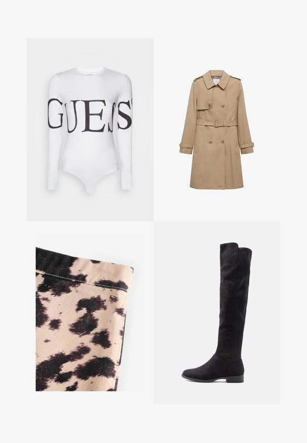 Bežový trenčkot s dvojradovým zapínaním, opaskom v páse a ramennými vycpávkami. Má dlhé rukávy a bočné vrecká.; Biely dlhý rukáv body vyrobené z elastického materiálu s veľkým čiernym logom "GUESS" na hrudi a rukávoch.; Béžová tkanina s čiernym vzorom kravskej kože, so ryhovanou textúrou a jednoduchým švom. Žiadne viditeľné kovové prvky alebo ozdoby.; Čierne semišové čižmy po kolená s hladkým povrchom, zaoblenou špičkou a nízkym blokovým opätkom; minimalistický dizajn bez viditeľných priečelí.
