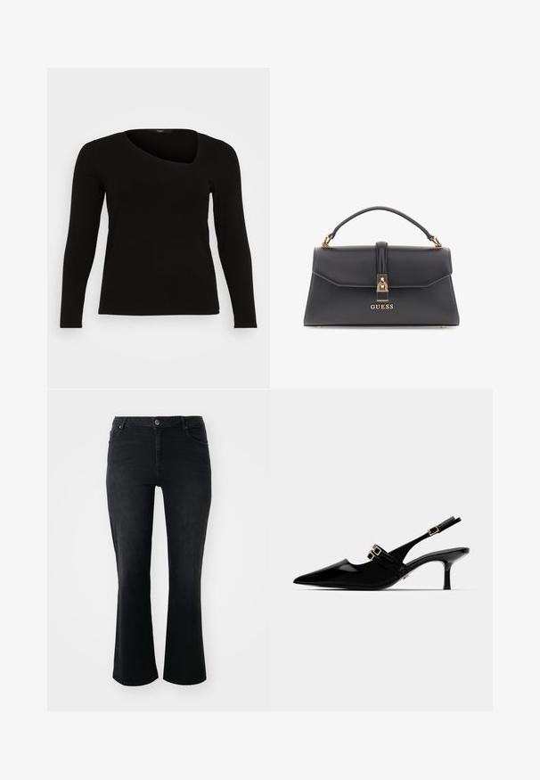Beige trench coat med dobbeltradet front, bælte i taljen og skulderepauletter. Har lange ærmer og sidelommer.; Sort langærmet top lavet af ribbet materiale med asymmetrisk halsudskæring og tætsiddende design. Glat tekstur med en slank silhuet.; Sorte denim jeans med mid-rise talje, frontknap, to frontlommer, to baglommer og flared ben.; Sorte patentlæder slingbackhæle med spids tå, der har dobbelt guldspænde og en slank stilettohæl.; Sort faux læder håndtaske med en struktureret form, gyldent hardware, et hanke og en frontlås med et "GUESS" logo.