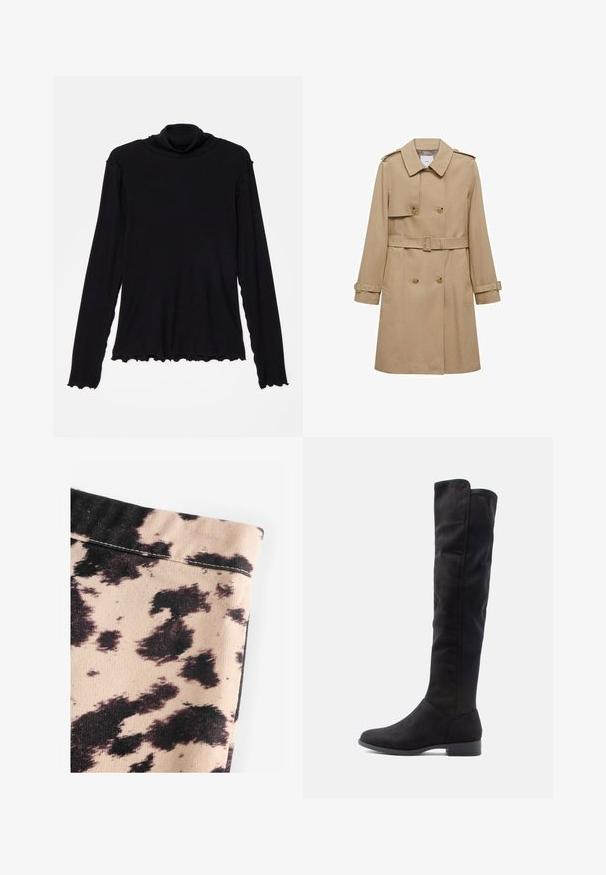 Beige Trenchcoat mit doppeltknöpfbarer Vorderseite, tailliertem Gürtel und Schulterklappen. Verfügt über lange Ärmel und Seitentaschen.; Rodebjer CISNE - Langarmshirt - black; Beige Stoff mit schwarzem Kuhfleckenmuster, ausgestattet mit geriffelter Textur und schlichten Nahtdetails. Keine sichtbaren Beschläge oder Akzente.; Knielange schwarze Wildlederstiefel mit glatter Textur, runder Zehenpartie und niedrigem Blockabsatz; minimalistisches Design ohne sichtbare Beschläge.