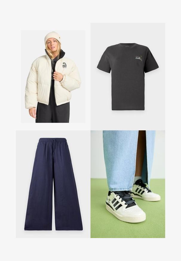 Tejfehér színű puff jacket, zipzárral az elején, bordázott mandzsettákkal és logóval a bal mellen. Fekete bélés és rövidített fazon.; Szürke pamut póló rövid ujjakkal. Elöl, a mellen egy kis, színes hímzett dizájn található a "Billing" szöveggel. Klasszikus szabású.; Tengerészi széles lábú nadrág rugalmas derékkal, húzózsinórral és puha, könnyű anyagból. Egyszerű, légies kialakítás díszítések nélkül.; Fehér bőr sportcipők fekete akcentusokkal és fűzőkkel. Három fekete csíkkal, perforált orral és érdes gumitalppal rendelkeznek.