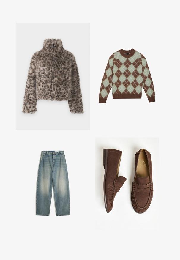Strihaný kabát z umelej kožušiny s vysokým golierom. Hnedo-bežová leopardia potlač s jemnou, nadýchanou textúrou. Má dlhé rukávy a zipsové zapínanie.; Hnedý sveter s mintovo zeleným argyle vzorom vyrobený z mäkkej látky, s rebrovaným okrúhlym výstrihom a dlhými rukávmi.; Modré široké vyblednuté džínsy s prednými vreckami, pútkami na opasok, zipsom a zapínaním na gombík, položené na bielom pozadí.; Hnedé semišové mokasíny s plochým opätkom, so skladaným dizajnom a prešívanými detailmi. Interiér má svetlú podšívku.