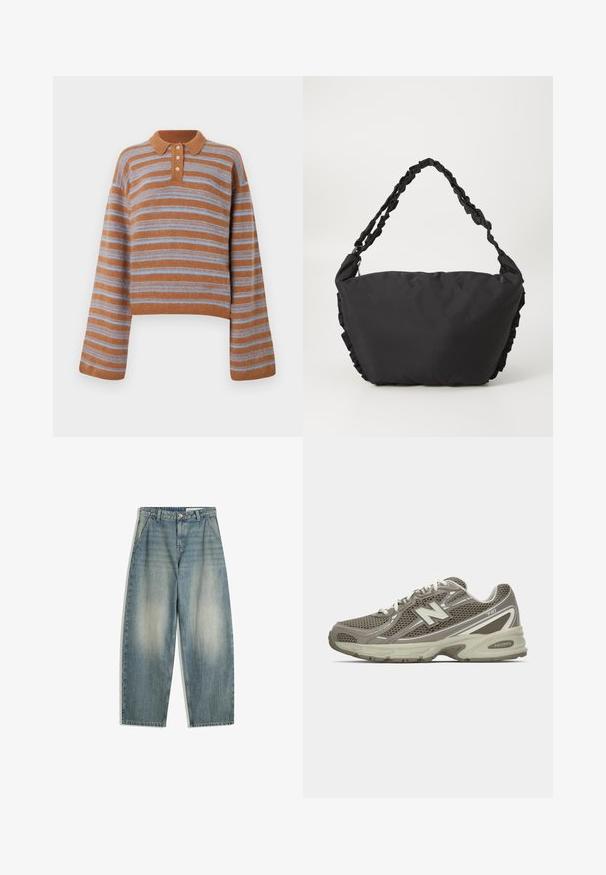 Gekürzte Kunstfelljacke mit hohem Kragen. Braun-beige Leopardenmuster mit weicher, flauschiger Textur. Verfügt über lange Ärmel und einen Reißverschluss.; Brauner und hellblauer horizontally gestreifter Strickpullover mit langen Ärmeln, Kragen und Drei-Knopf-Leiste, flach liegend auf weißem Hintergrund abgebildet.; Blaue weit geschnittene, verblasste Jeans mit Vorderentaschen, Gürtelschlaufen, Reißverschluss und Knopfverschluss, flach auf einem weißen Hintergrund ausgelegt.; Sportlichen Schuh aus grauem und beigem Mesh mit strukturierter Oberfläche, ausgestattet mit einer gepolsterten Sohle, weißen Schnürsenkeln und reflektierenden silbernen Akzenten.; Schwarze Stofftasche mit einem weichen, strukturierten Körper und Rüschenverzierungen an den Seiten. Sie hat einen geflochtenen Tragegurt.
