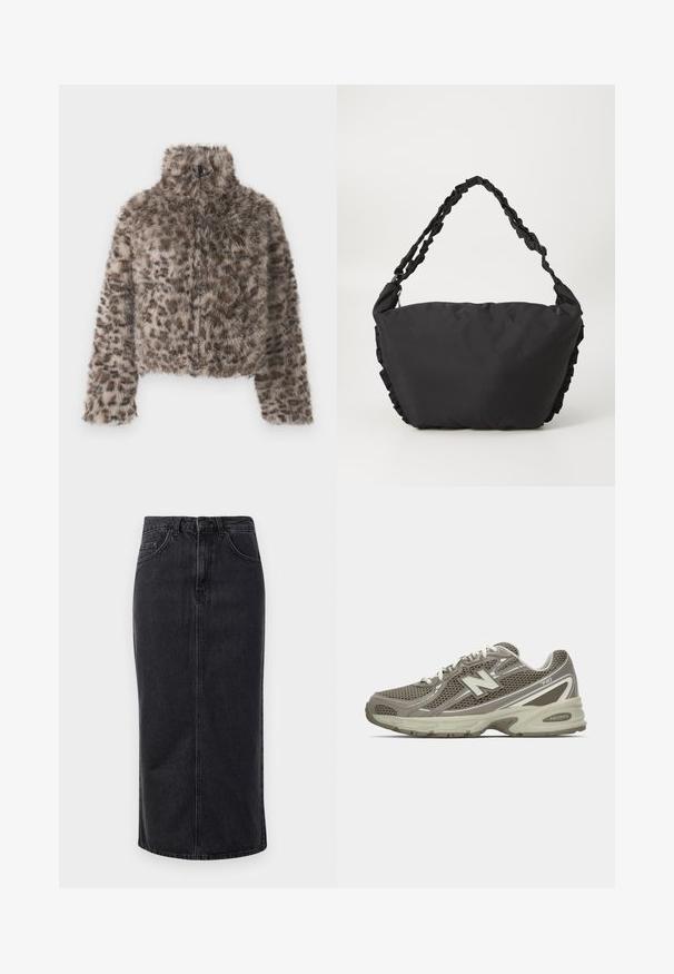 Jaqueta curta de pele sintética com gola alta. Estampa de leopardo em tons de castanho e bege com textura suave e fofinha. Apresenta mangas compridas e fecho com zip.; Camisola de manga longa de cor creme, feita de algodão, com texto em vermelho forte que diz "COPENHAGUE" no peito. Decote redondo e mangas com punhos.; Saia midi de denim preta com corte reto, design de cinco bolsos e fecho com botão. Apresenta uma bainha desgastada e uma textura ligeiramente desgastada.; Sapata atlética em malha cinza e bege com uma superfície texturizada, apresentando uma sola acolchoada, atacadores brancos e detalhes refletivos em prata.; Saco de tecido preto com um corpo suave e estruturado, apresentando detalhes franzidos ao longo dos lados. Possui uma alça trançada para transporte.