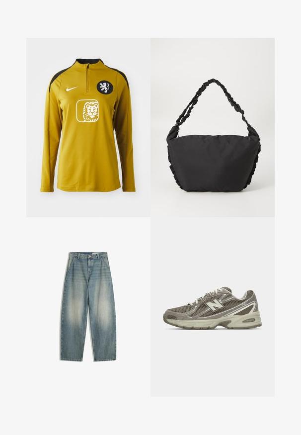 Afskåret jakke i kunstpels med høj krave. Brun og beige leopardmønster med blød, fluffy tekstur. Har lange ærmer og lynlås lukning.; Gul langærmet sportstrøje med kvart lynlås, sorte skulderdetaljer, et løveemblem på brystet og Nike-logo på venstre skulder.; Blå vide ben jeans med falmede farver, forneden lomme, bæltestropper, lynlås og knaplukning, lagt fladt på en hvid baggrund.; Sportssko i grå og beige mesh med en struktureret overflade, udstyret med en polstret sål, hvide snørebånd og reflekterende sølvdetaljer.; Sort stofpose med en blød, struktureret krop og rynkede detaljer langs siderne. Den har en fletrem til at bære.