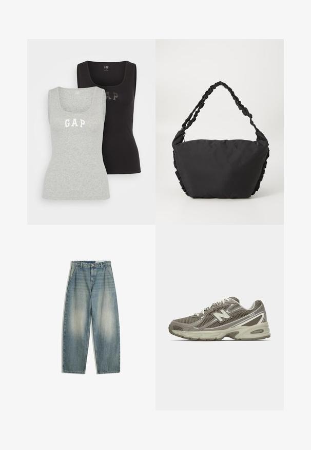 Gekürzte Kunstfelljacke mit hohem Kragen. Braun-beige Leopardenmuster mit weicher, flauschiger Textur. Verfügt über lange Ärmel und einen Reißverschluss.; GAP TANK 2 PACK - Top - black/grey; Blaue weit geschnittene, verblasste Jeans mit Vorderentaschen, Gürtelschlaufen, Reißverschluss und Knopfverschluss, flach auf einem weißen Hintergrund ausgelegt.; Sportlichen Schuh aus grauem und beigem Mesh mit strukturierter Oberfläche, ausgestattet mit einer gepolsterten Sohle, weißen Schnürsenkeln und reflektierenden silbernen Akzenten.; Schwarze Stofftasche mit einem weichen, strukturierten Körper und Rüschenverzierungen an den Seiten. Sie hat einen geflochtenen Tragegurt.