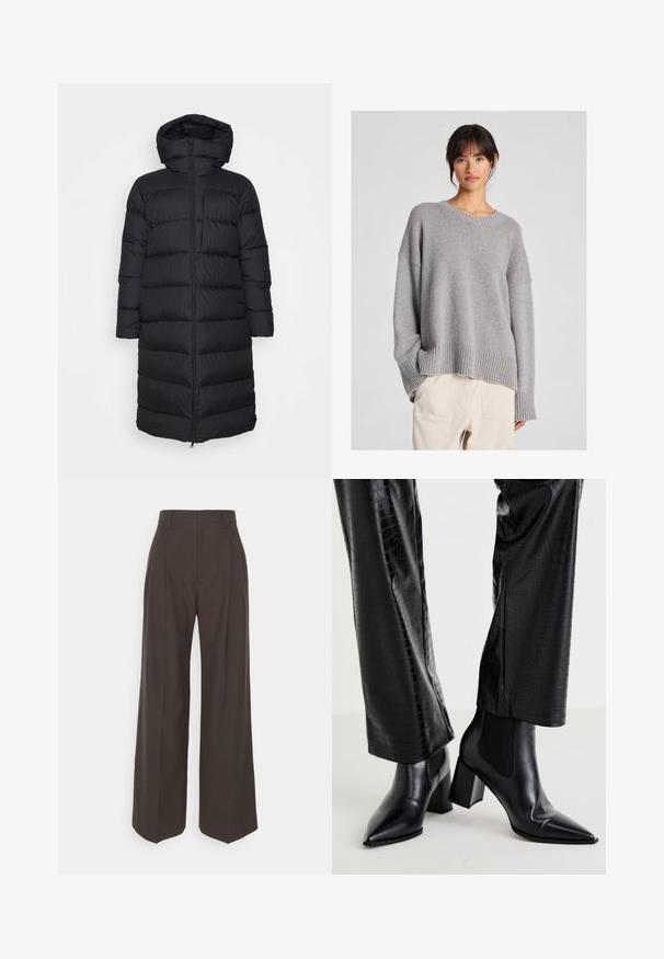 Mustapuffer-takki hupulla, jossa suora leikkaus, vaakasuora tikkauskuvio ja vetoketjusuljenta edessä. Sileä, kevyt kangas.; Harmaa neulottu villapaita, jossa on rento malli, pyöreä pääntie, ribbireunat hihoissa ja helmassa. Pehmeä rakenne ja hillitty neulekuvio. Yhdistetty vaaleisiin housuihin.; Tummanruskeat leveälahkeiset housut korkealla vyötäröllä, joissa on siistit prässäykset, sileä pinta ja muotoonommeltu istuvuus.; RAID NEMMA - Klassiset nilkkurit - black metallic