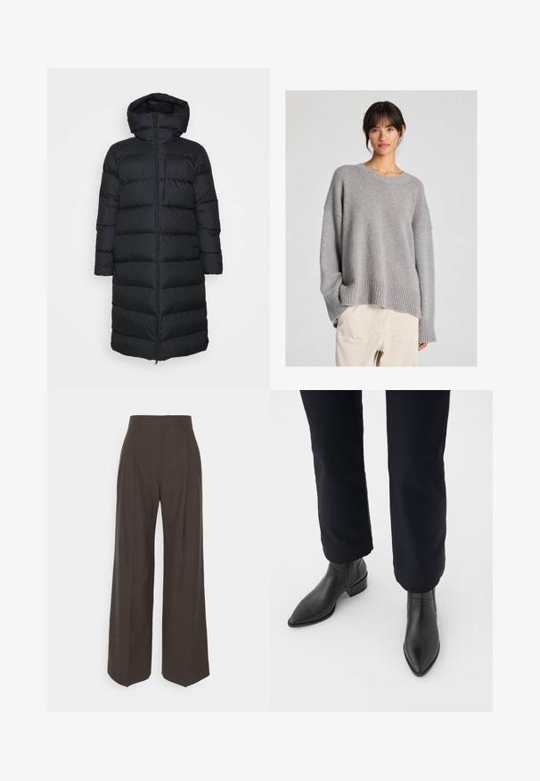 Melna pūkainā jaka ar kapuci, ar taisnu griezumu, horizontālu quiltēšanas rakstu un priekšējo rāvējslēdzēja aizdari. Gluda, viegla auduma.; Pelēks adījuma džemperis ar brīvu piegriezumu, apaļu kakla izgriezumu, svītrainām piedurknēm un apakšmalu. Mīksta tekstūra ar smalku adījuma rakstu. Kombinēts ar gaišiem biksēm.; Tumši brūni platajiem galiem bikses ar augstu jostasvietu, kas pieejamas ar uzmanīgi presētām krokām, gludu tekstūru un pielāgotu piegriezumu.; Melni ādas potīšu zābaki ar norādītu purngalu, blokveida papēdi un teksturētām sānu daļām, valkāti ar tumšām biksēm uz balta fona.