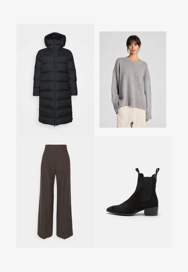 Černá péřová bunda s kapucí, s rovný střih, horizontálně prošívaným vzorem a předním zipem. Hladká, lehká látka.; Šedý pletený svetr s uvolněným střihem, kulatým výstřihem, proužkovanými manžetami a lemem. Měkká textura se jemným pleteným vzorem. V kombinaci se světlými kalhotami.; Tmavě hnědé kalhoty s širokými nohavicemi a vysokým pasem, s elegantně vyžehlenými puky, hladkou texturou a přesným střihem.; Černé semišové kotníkové boty s elastickými bočními panely, špičatou špičkou a nízkým blokovým podpatkem. Disponují poutky pro snadné obouvání. Texturovaný povrch.