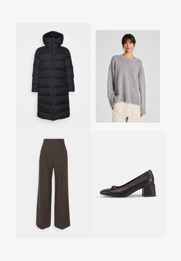 Mustapuffer-takki hupulla, jossa suora leikkaus, vaakasuora tikkauskuvio ja vetoketjusuljenta edessä. Sileä, kevyt kangas.; Harmaa neulottu villapaita, jossa on rento malli, pyöreä pääntie, ribbireunat hihoissa ja helmassa. Pehmeä rakenne ja hillitty neulekuvio. Yhdistetty vaaleisiin housuihin.; Tummanruskeat leveälahkeiset housut korkealla vyötäröllä, joissa on siistit prässäykset, sileä pinta ja muotoonommeltu istuvuus.; Musta nahkainen keskipitkä korkokenkä pyöreällä kärjellä ja rusetilla edessä, sileä pinta ja geometrinen tukikorko.