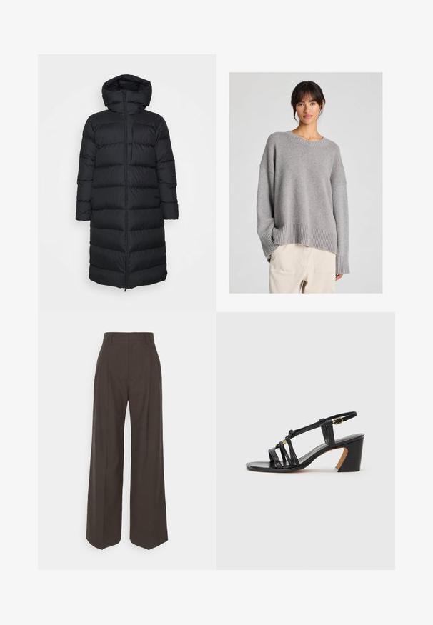 Čierna puffa bunda s kapucňou, so strihaním do rovna, horizontálnym prešívaním a predným zipsom. Hladká, ľahká tkanina.; Sivý pletený sveter s voľným strihom, okrúhlym výstrihom, rebrovanými manžetami a lemom. Mäkka textúra s jemným pleteným vzorom. Skombinovaný s svetlými nohavicami.; Tmavohnedé široké nohavice s vysokým pásom, ktoré majú úhľadne prežehlené záhyby, hladkú textúru a strih na mieru.; Paul Smith AMIRA - Klasické lodičky na opätku - black
