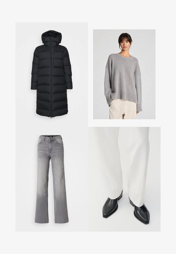 Črna puhovka s kapuco, s pravim krojem, vodoravnim prešitim vzorcem in sprednjim zadrgo. Gladek, lahek material.; Sivkasti pleten pulover z ohlapnim krojem, okroglim izrezom, rebrastimi manšetami in robom. Mehka tekstura z diskretnim pletenim vzorcem. Ujemamo z neobdelanimi hlačami.; Visoko pasu naravnost krojene sivo denim hlače z gumbom in zadrgo spredaj, sprednjimi in zadnjimi žepe ter zbledelim odtenkom na stegen in tele. ; Črne ankle škornje s koničasto špico in gladkim usnjem, nizkimi blok petami, v kombinaciji z belimi širokimi hlačami. Preprost in moden dizajn.