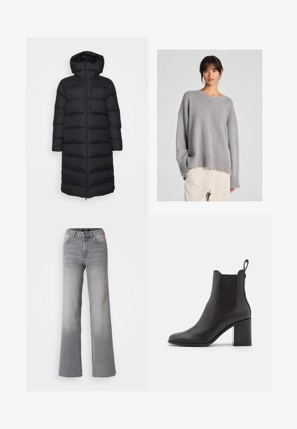Fekete puffernadrág, kapucnival, egyenes szabással, vízszintes steppeléssel és elülső cipzárral. Simább, könnyű anyag.; Szürke kötött pulóver, laza fazonnal, kerek nyakkivágással, bordás mandzsettákkal és szegéllyel. Puha tapintású, diszkrét kötött mintázattal. Világos nadrággal párosítva.; Magasan derekú, egyenes szárú, szürke farmernadrág, elől gombbal és cipzárral, elülső és hátsó zsebekkel, valamint elhalványodott árnyékolással a combokon és a vádlikon.; Fekete magas sarkú ankle boot, sima bőrből, ruganyos oldalsó panelekkel, lekerekített orral és négyzet alakú blokk sarkú.