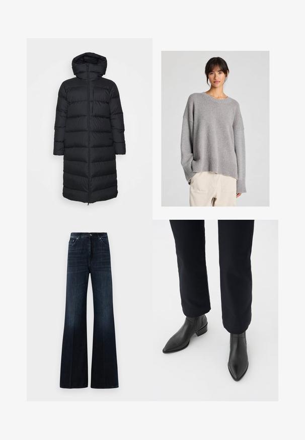 Črna puhovka s kapuco, s pravim krojem, vodoravnim prešitim vzorcem in sprednjim zadrgo. Gladek, lahek material.; Sivkasti pleten pulover z ohlapnim krojem, okroglim izrezom, rebrastimi manšetami in robom. Mehka tekstura z diskretnim pletenim vzorcem. Ujemamo z neobdelanimi hlačami.; Temno modri visokorasli široki hlače z sprednjimi žepi, zankami za pas in z gumbom ter zadrgo.; Črne usnjene gležnjarje s koničastim nosom, blokastim petami in strukturiranimi stranskimi paneli, oblečene z temnimi hlačami proti beli podlagi.