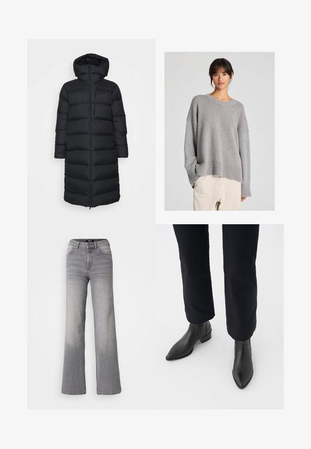 Črna puhovka s kapuco, s pravim krojem, vodoravnim prešitim vzorcem in sprednjim zadrgo. Gladek, lahek material.; Sivkasti pleten pulover z ohlapnim krojem, okroglim izrezom, rebrastimi manšetami in robom. Mehka tekstura z diskretnim pletenim vzorcem. Ujemamo z neobdelanimi hlačami.; Visoko pasu naravnost krojene sivo denim hlače z gumbom in zadrgo spredaj, sprednjimi in zadnjimi žepe ter zbledelim odtenkom na stegen in tele. ; Črne usnjene gležnjarje s koničastim nosom, blokastim petami in strukturiranimi stranskimi paneli, oblečene z temnimi hlačami proti beli podlagi.