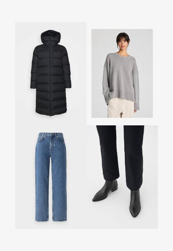 Črna puhovka s kapuco, s pravim krojem, vodoravnim prešitim vzorcem in sprednjim zadrgo. Gladek, lahek material.; Sivkasti pleten pulover z ohlapnim krojem, okroglim izrezom, rebrastimi manšetami in robom. Mehka tekstura z diskretnim pletenim vzorcem. Ujemamo z neobdelanimi hlačami.; Denim jeans v srednji modri barvi z visokim pasom, ravnim krojem nogavic, petimi žepi in kontrastnim šivanjem. Minimalna vidna strojna oprema.; Črne usnjene gležnjarje s koničastim nosom, blokastim petami in strukturiranimi stranskimi paneli, oblečene z temnimi hlačami proti beli podlagi.