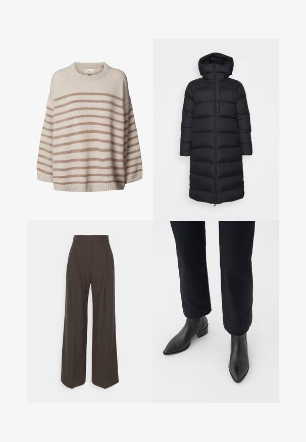 Melna pūkainā jaka ar kapuci, ar taisnu griezumu, horizontālu quiltēšanas rakstu un priekšējo rāvējslēdzēja aizdari. Gluda, viegla auduma.; Gaiši bežs džemperis ar platām horizontālām brūnām svītrām. Tam ir apaļa kakla izgriezuma forma un nolaistas plecu šuves. Mīksta tekstūra ar ribotu apakšmalu.; Tumši brūni platajiem galiem bikses ar augstu jostasvietu, kas pieejamas ar uzmanīgi presētām krokām, gludu tekstūru un pielāgotu piegriezumu.; Melni ādas potīšu zābaki ar norādītu purngalu, blokveida papēdi un teksturētām sānu daļām, valkāti ar tumšām biksēm uz balta fona.