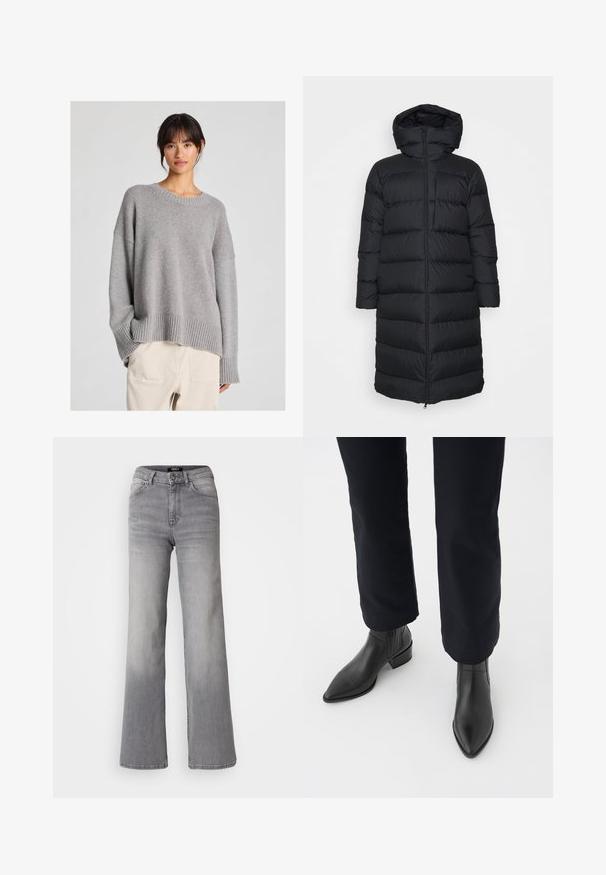 Geacă puf neagră cu glugă, cu un croi drept, model matlasat orizontal și închidere cu fermoar frontal. Material neted, ușor.; Pulover gri tricotat, cu o croială lejeră, decolteu rotund, manșete și tiv ribbat. Textură moale cu un model de tricotare subtil. Asortat cu pantaloni deschiși.; Jeans din denim gri, cu talie înaltă și croială dreaptă, cu fermoar și nasture frontal, buzunare frontale și spate, și nuanțe estompate pe coapse și gambe.; Bocanci din piele neagră, până la gleznă, cu vârf ascuțit, toc pătrat și panouri laterale texturate, purtați cu pantaloni închiși la culoare, pe un fundal alb.