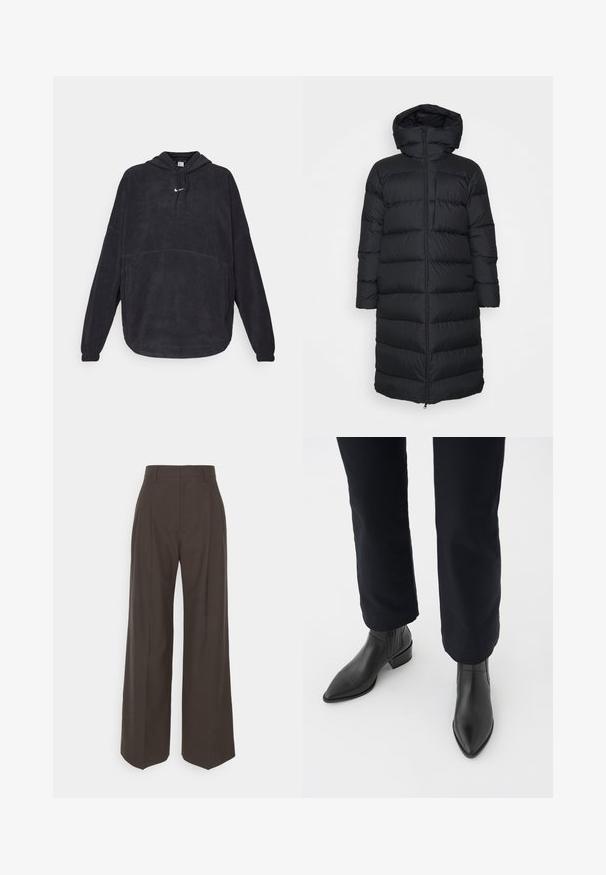 Giacca a vento nera con cappuccio, caratterizzata da un taglio dritto, motivo a righe orizzontali e chiusura frontale con zip. Tessuto liscio e leggero.; Nike Performance ONE HOODIE POLAR - Felpa con cappuccio - black/white; Pantaloni ampi marrone scuro con vita alta, caratterizzati da pieghe ben stirate, una texture liscia e una vestibilità su misura.; Stivali neri in pelle fino alla caviglia, con punta affusolata, tacco a blocco e pannelli laterali texture, indossati con pantaloni scuri su uno sfondo bianco.