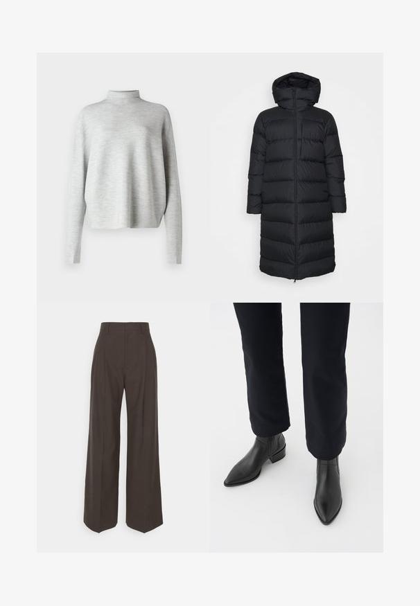 Must punktitud must puffer jakk kapuutsiga, sirge lõike, horisontaalse tikandi mustriga ja esi Lukuga. Sile, kerge kangas.; Helehall turtleneck-sviiter, valmistatud pehmest kangast, millel on pikad varrukad ja mugav lõige, sile ja peen tekstuur.; Tumepruunid lai jalad püksid kõrge vöökohaga, millel on korralikult pressitud kortsud, sile tekstuur ja täpselt sobiv lõige.; Mustadast nahast pahkluu saapad, terava nina, ploki konts ja tekstuuriga külgpaneelid, kantud tumedate pükste juurde valge taustaga.