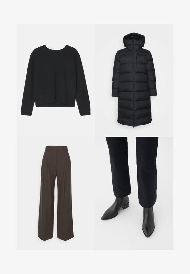 Czarna kurtka puchowa z kapturem, o prostym kroju, poziomym pikowaniem i zapięciem na zamek błyskawiczny z przodu. Gładki, lekki materiał.; Czarny sweatshirt z długimi rękawami, okrągłym dekoltem i lekko krótkim dołem. Wykonany z miękkiego materiału, z delikatnym logo z przodu.; Ciemnobrązowe spodnie z szerokimi nogawkami i wysokim stanem, wyróżniające się starannie wyprasowanymi zagnieceniami, gładką fakturą i dopasowanym krojem.; Czarne skórzane botki za kostkę z ostrym noskiem, block heel oraz teksturowanymi bocznymi panelami, noszone z ciemnymi spodniami na białym tle.