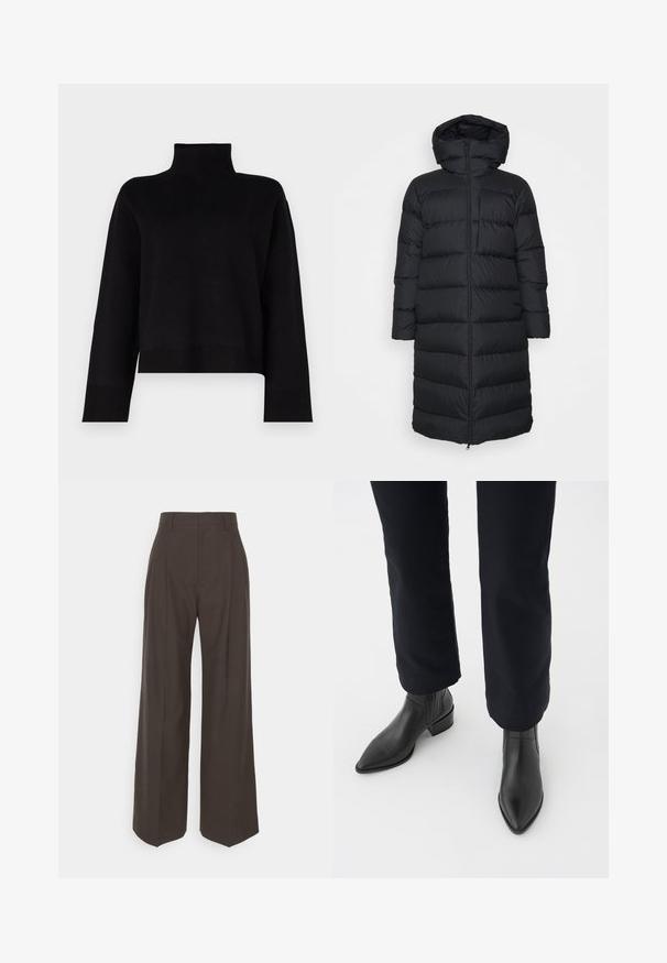 Abrigo de plumas negro con capucha, con un corte recto, patrón de acolchado horizontal y cierre de cremallera frontal. Tela suave y ligera.; Suéter negro de cuello alto recortado hecho de una suave tela de punto. Cuenta con mangas largas y acentos de canalé en los puños y el dobladillo.; Pantalones de pierna ancha de color marrón oscuro con cintura alta, que presentan pliegues bien marcados, una textura suave y un ajuste a medida.; Botas negras de cuero hasta el tobillo con punta afilada, tacón cuadrado y paneles laterales texturizados, combinadas con pantalones oscuros contra un fondo blanco.